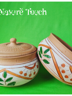 Terracotta embossed serving pot with lid ( set of one )