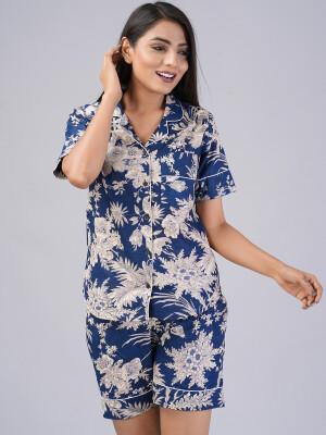 Floral Pattern Night Dress For Women (Blue)-ND-13