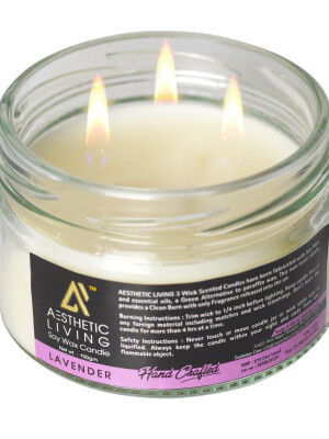 Aesthetic Living 3 wick Soy Wax Lavender Candle,a green alternative to paraffin wax.