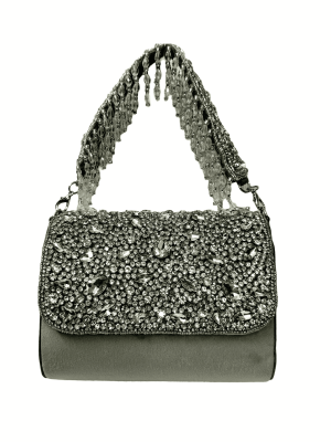 Glamorous grey crystal flap clutch