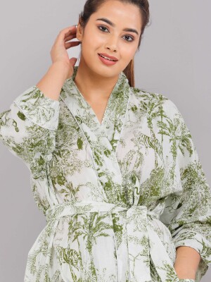 Jungle Pattern Kimono Robe Long Bathrobe For Women (Green)-KM-79