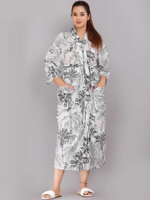 Jungle Pattern Kimono Robe Long Bathrobe For Women (White)-KM-80