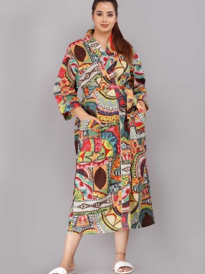 Abstract Pattern Kimono Robe Long Bathrobe For Women (Multi)-KM-82