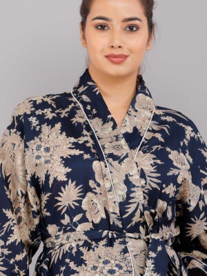 Floral Pattern Kimono Robe Long Bathrobe For Women (Blue)-KM-84