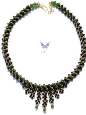 Handcrafted, Gleaming Coal Black Fringe Necklace and Earrings Set using coal black, green AB glass crystals