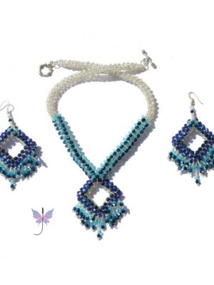 Handcrafted, Sterling Azure Necklace and Earrings Set, using Metallic Blue Bicones, light blue and dark blue crystal beads.