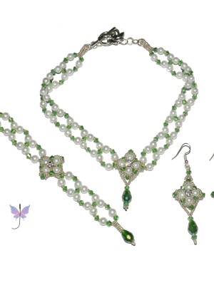Handcrafted, Ornate Pearls Set, using white glass pearls, Peridot Green AB lustre bicones and montees.