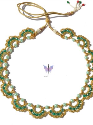 Handcrafted beaded, Peridot  Pearl collar, using peridot green pearls and teal glass crystals with AB luster.