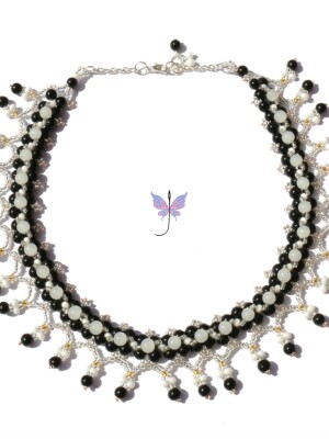 Handcrafted beaded, Monochrome Fringe Necklace, using black and white opaque glass jade beads