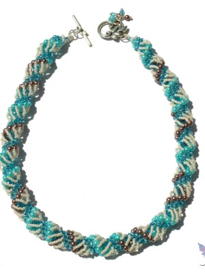 Handcrafted beaded, Boho Beach Necklace using aqua blue and brown glass pearls.