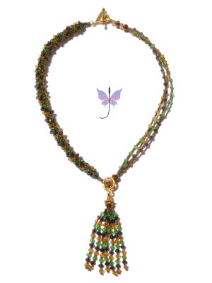 Handcrafted beaded, Peridot Green, Citrin and Purple Beaded Tassel Necklace using peridot green, Montana purple and Citrin crystal glass crystals
