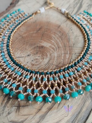 Handcrafted beaded, Caribbean Crystal Collar Necklace using Caribbean green, bottle green, turquoise blue dual shade crystals