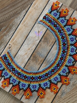 Handcrafted beaded, Tribali Sinine Collar Necklace, Huichol Necklace made using turquoise, red, orange, blue, yellow and black seed beads.