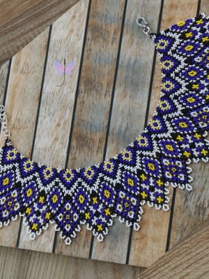 Handcrafted beaded, Almaz Collar Necklace in Blue and White, using blue, white, yellow and black seed beads.