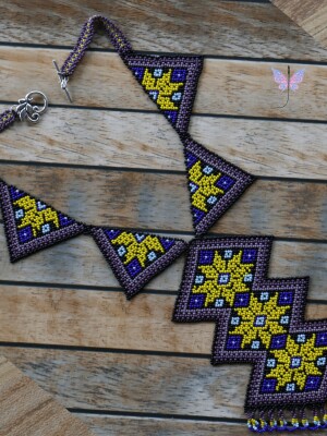 Handcrafted beaded, Aztec Purpura Necklace, using purple, yellow, blue and black seed beads.