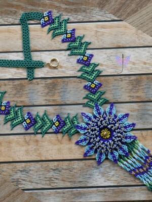 Handcrafted beaded, Hepatica Azul Necklace, using blue, turquoise, yellow, golden, green and black seed beads.
