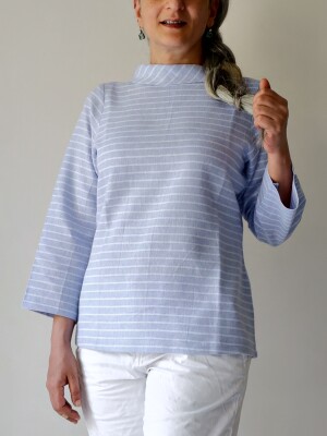 Blue striped flip over collar top in cotton/linen blend
