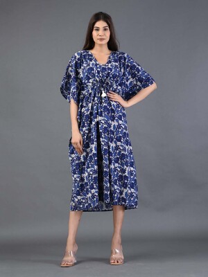 Shoolin Blue Cotton Kaftan Printed Midi Dress- KF-2