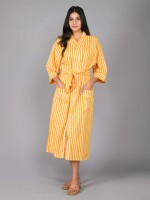 Stripes Pattern Kimono Robe Long Bathrobe For Women (Mustard)-KM-93