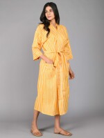 Stripes Pattern Kimono Robe Long Bathrobe For Women (Mustard)-KM-93