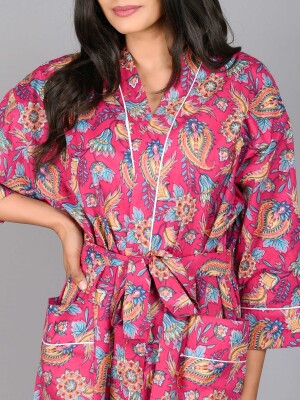 Floral Pattern Kimono Robe Long Bathrobe For Women (Pink)-KM-97