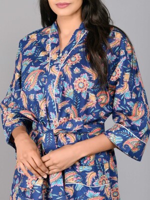 Floral Pattern Kimono Robe Long Bathrobe For Women (Blue)-KM-102