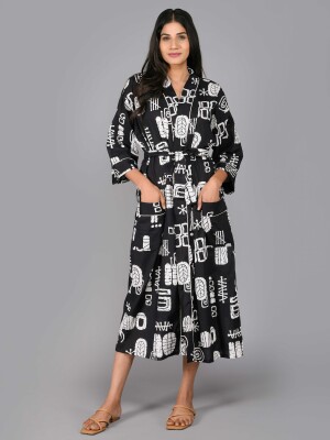 Abstract Pattern Kimono Robe Long Bathrobe For Women (Black)-KM-106
