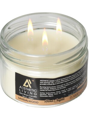 Aesthetic Living 3 wick Soywax Sandalwood Candle,a green alternative to paraffin wax. This non-toxic candle provides a clean burn with only Fragrance
