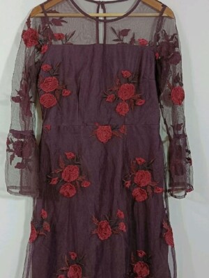 Wine embroidered knee length dress