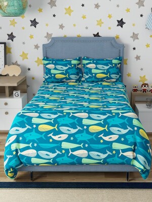 Single, Queen size, Swaas Blue Wonder 100% Cotton Antimicrobial Kids Bed sheet Set
