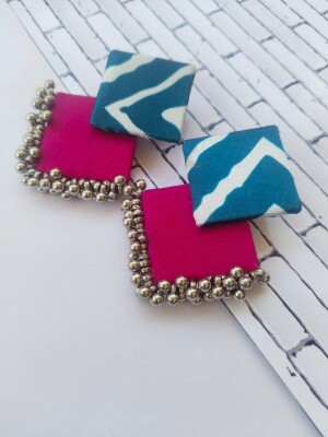 Rainvas Printed Blue and pink fabric printed ghungroo earrings