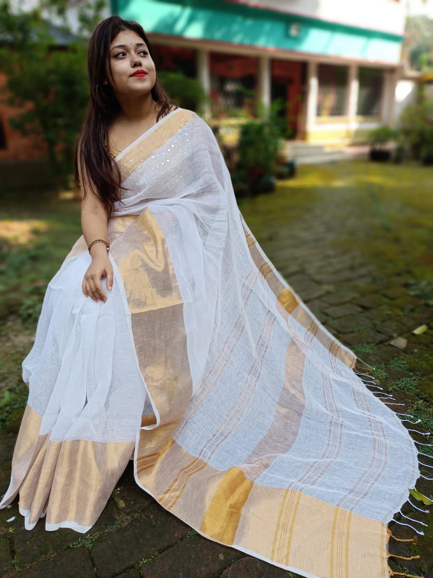 Linen Gold Zari Border Handloom saree