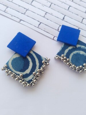 Rainvas Indigo print and silver ghungroo fabric earrings
