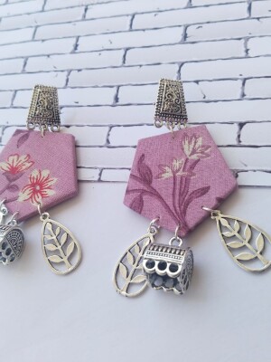 Rainvas Purple printed floral earrings with silver charm bottom