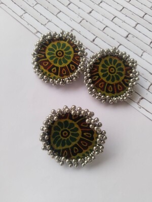 Green Ajrakh print Ring earrings combo set for women