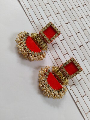 Rainvas Bright red rectangular beaded earrings for women
