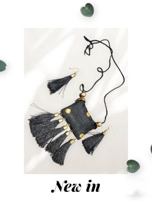 Black fabric jewelry set with matching earrings silk thread tassel earrings
