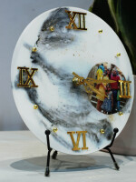 Unique resin picture clock pearl gold numbers, marble look, table clock with black or gold metal stand