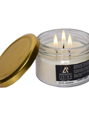 Aesthetic Living 3 wick Soy wax White Jasmine Candle, a green alternative to paraffin wax.