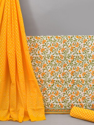 Stunning floral hand printed mustard unstitched suit | dress material with mulmul dupatta