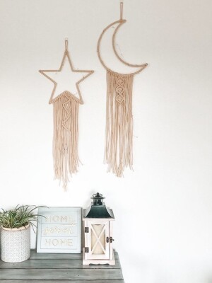Home Decor Star & Moon Macrame Wall Hanging Dream Catcher with LED Light String (Off White, Moon -19 x 110cm and Star – 17 x 110cm)