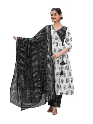 Anarkali hand block printed cotton top & pant with soft cotton dupatta set