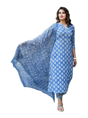 Floral print round neck sky blue rayon kurta pant set with dupatta for women