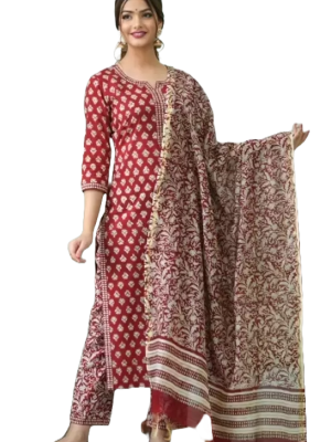Round neck floral print rayon kurta pant set with dupatta for women