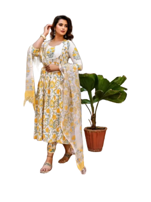 Round neck floral printed cotton kurta pant set with dupatta for women