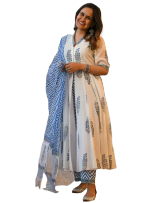V neck white cotton kurta set with dupatta for women