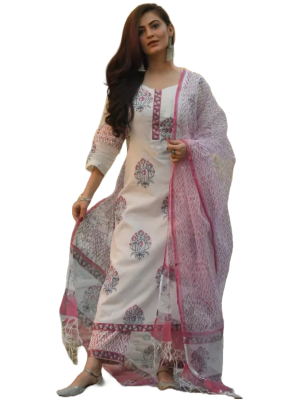 Cotton round neck printed pink kurta set with dupatta
