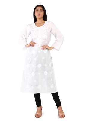 Beautiful round neck cotton white kurta for women