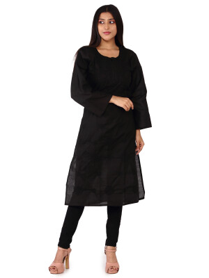 Black round neck cotton printed kurti for women