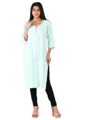 Skyblue cotton printed round neck kurti for women